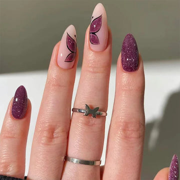 DAIIIBABYYY  -  24 pcs long almond shaped French Flash butterfly fingernail +1 nail glue +1 nail file